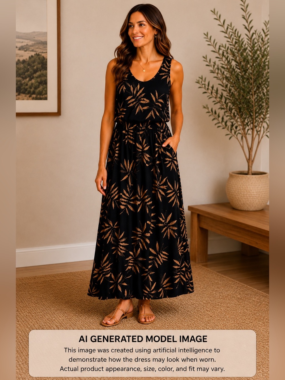 A New Day Womans Sleeveless Sundress Tank Maxi Palm Leaf Design